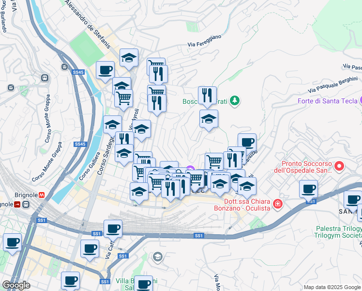 map of restaurants, bars, coffee shops, grocery stores, and more near 27 Via Federico Donaver in Genova