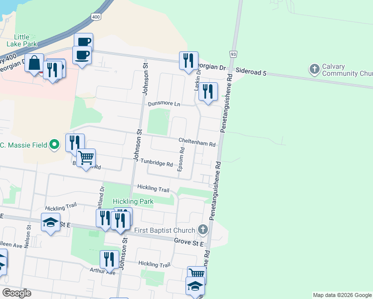 map of restaurants, bars, coffee shops, grocery stores, and more near 13 Epsom Road in Barrie