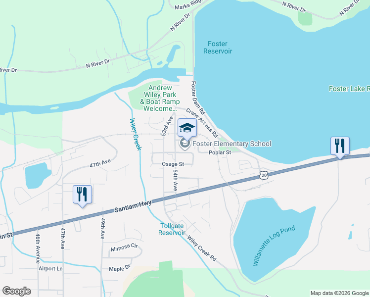 map of restaurants, bars, coffee shops, grocery stores, and more near 5526 Poplar Street in Sweet Home