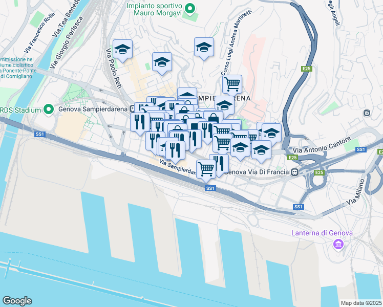 map of restaurants, bars, coffee shops, grocery stores, and more near 103 Via Giacomo Buranello in Genoa