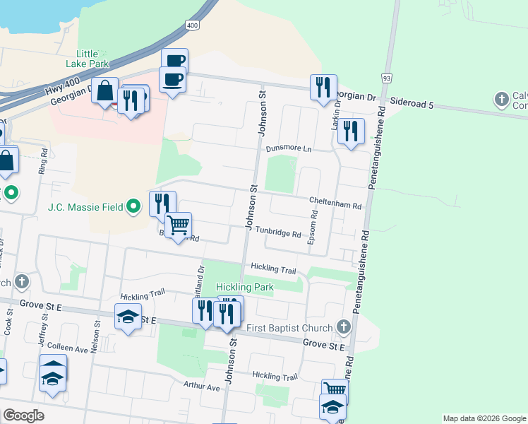 map of restaurants, bars, coffee shops, grocery stores, and more near 22 Weymouth Road in Barrie