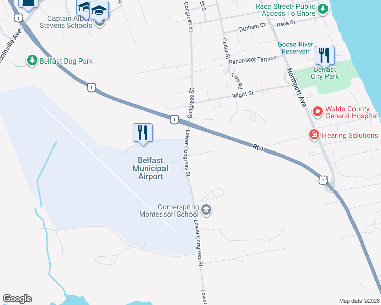 map of restaurants, bars, coffee shops, grocery stores, and more near 226 Lower Congress Street in Belfast