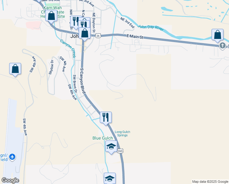 map of restaurants, bars, coffee shops, grocery stores, and more near Ferguson Drive in John Day