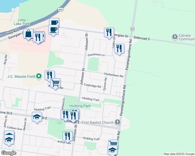 map of restaurants, bars, coffee shops, grocery stores, and more near 53 Weymouth Road in Barrie