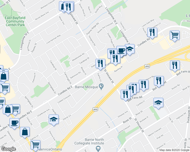 map of restaurants, bars, coffee shops, grocery stores, and more near 157 Daphne Crescent in Barrie