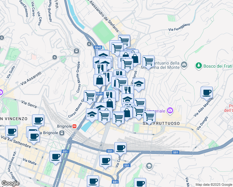 map of restaurants, bars, coffee shops, grocery stores, and more near 265r Corso Sardegna in Genova