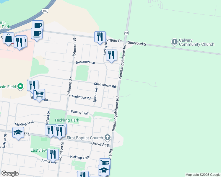 map of restaurants, bars, coffee shops, grocery stores, and more near 11 Cheltenham Road in Barrie