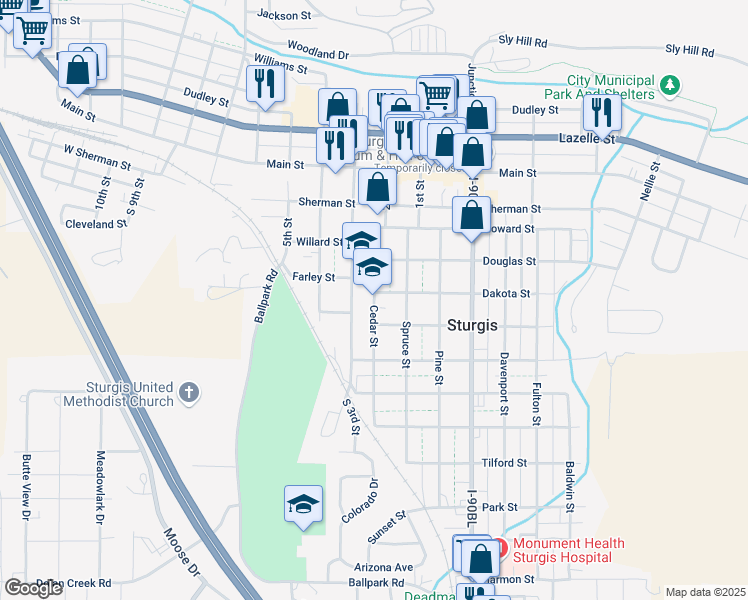 map of restaurants, bars, coffee shops, grocery stores, and more near 1425 Cedar Street in Sturgis