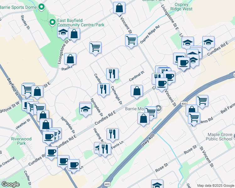 map of restaurants, bars, coffee shops, grocery stores, and more near 15 Cartwright Drive in Barrie