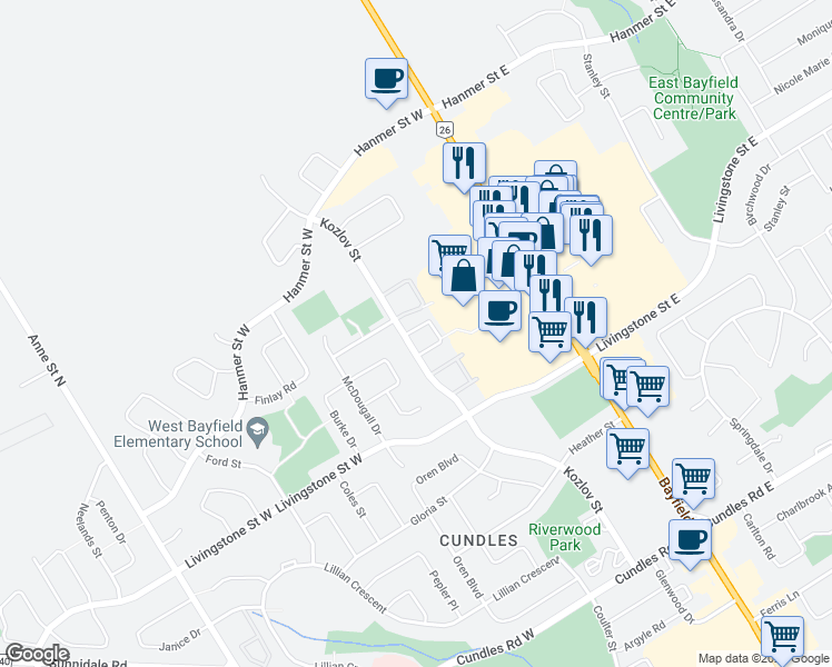map of restaurants, bars, coffee shops, grocery stores, and more near 84 Lyfytt Crescent in Barrie