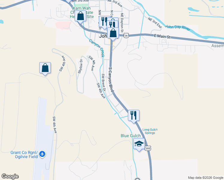 map of restaurants, bars, coffee shops, grocery stores, and more near 413 South Canyon Boulevard in John Day