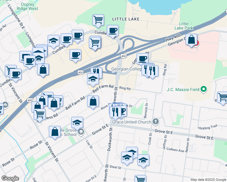 map of restaurants, bars, coffee shops, grocery stores, and more near 386 Duckworth Street in Barrie