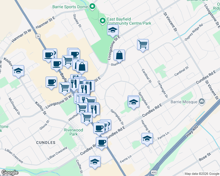 map of restaurants, bars, coffee shops, grocery stores, and more near in Barrie