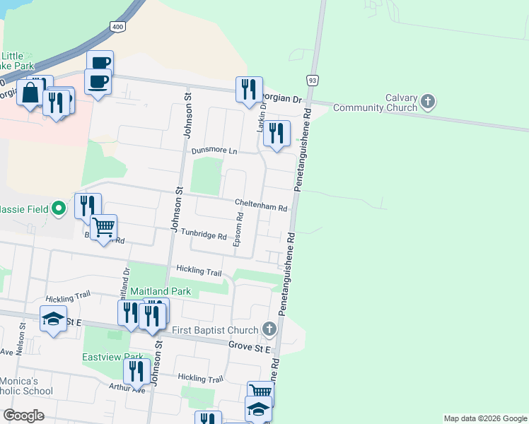 map of restaurants, bars, coffee shops, grocery stores, and more near 19 Cheltenham Road in Barrie