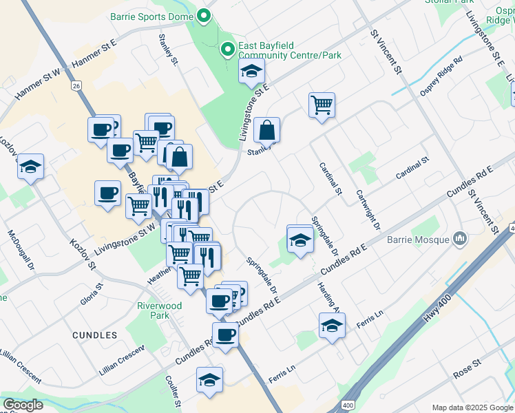 map of restaurants, bars, coffee shops, grocery stores, and more near Woodgrove Court in Barrie