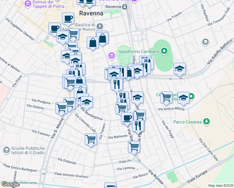 map of restaurants, bars, coffee shops, grocery stores, and more near 103 Via Cesarea in Ravenna