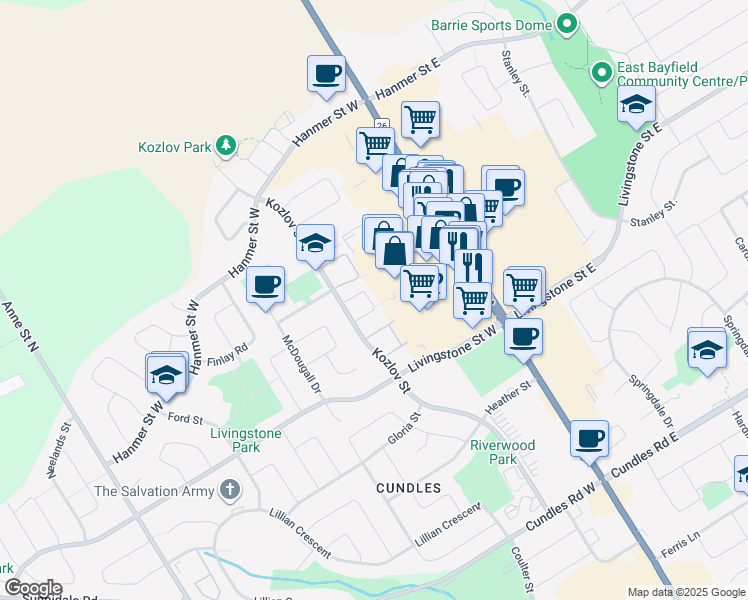 map of restaurants, bars, coffee shops, grocery stores, and more near 43 Lyfytt Crescent in Barrie