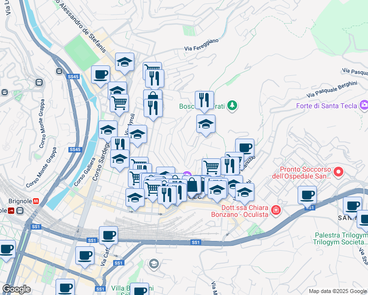 map of restaurants, bars, coffee shops, grocery stores, and more near 27 Via Federico Donaver in Genoa