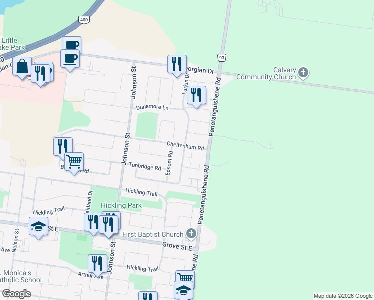map of restaurants, bars, coffee shops, grocery stores, and more near in Barrie