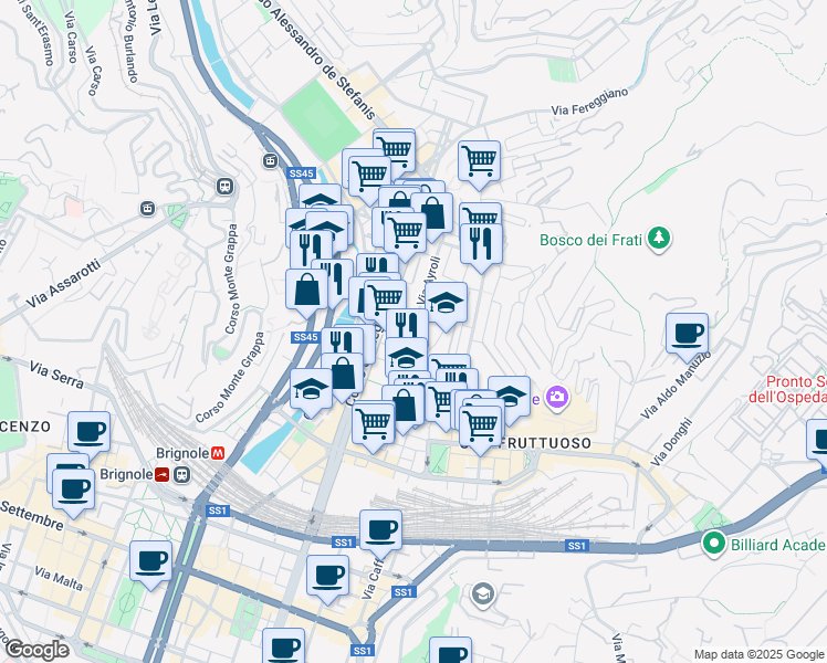 map of restaurants, bars, coffee shops, grocery stores, and more near Via Benvenuto Cellini in Genoa