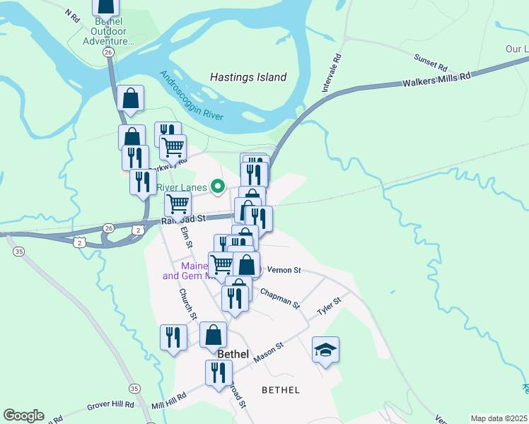 map of restaurants, bars, coffee shops, grocery stores, and more near 177 Main Street in Bethel