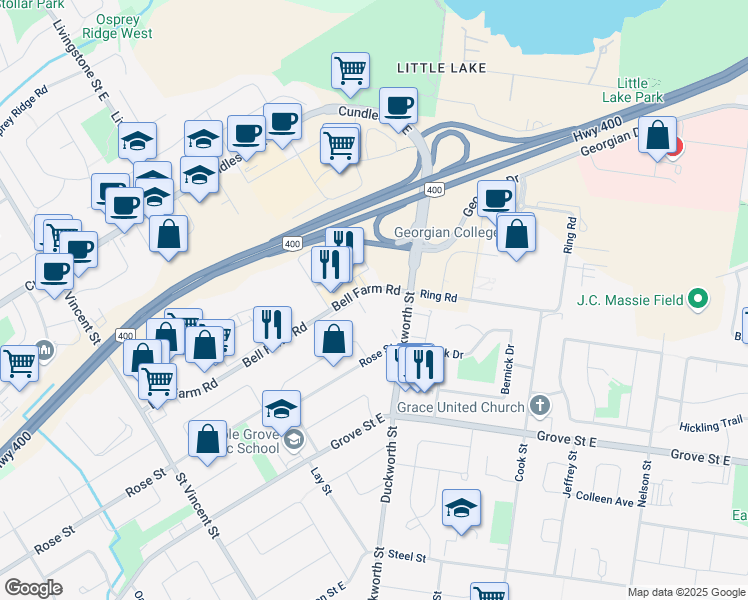 map of restaurants, bars, coffee shops, grocery stores, and more near 103-93 Bell Farm Road in Barrie