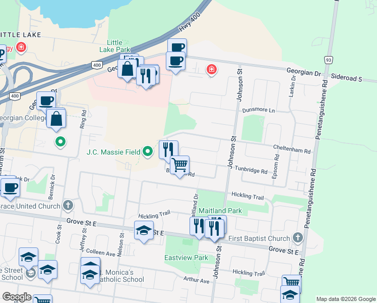 map of restaurants, bars, coffee shops, grocery stores, and more near 64 Tunbridge Road in Barrie