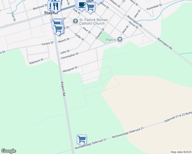 map of restaurants, bars, coffee shops, grocery stores, and more near Duncan Street in Simcoe County