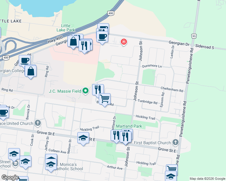 map of restaurants, bars, coffee shops, grocery stores, and more near in Barrie