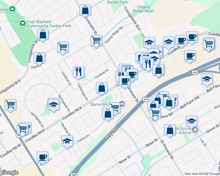 map of restaurants, bars, coffee shops, grocery stores, and more near 157 Daphne Crescent in Barrie