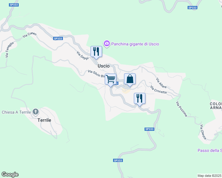 map of restaurants, bars, coffee shops, grocery stores, and more near Strada Provinciale 333 di Uscio in Città Metropolitana di Genova