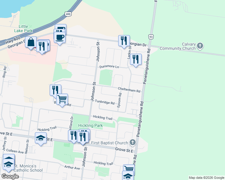 map of restaurants, bars, coffee shops, grocery stores, and more near 53 Weymouth Road in Barrie