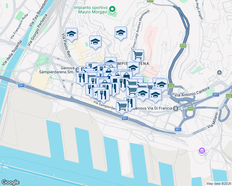 map of restaurants, bars, coffee shops, grocery stores, and more near 103 Via Giacomo Buranello in Genoa