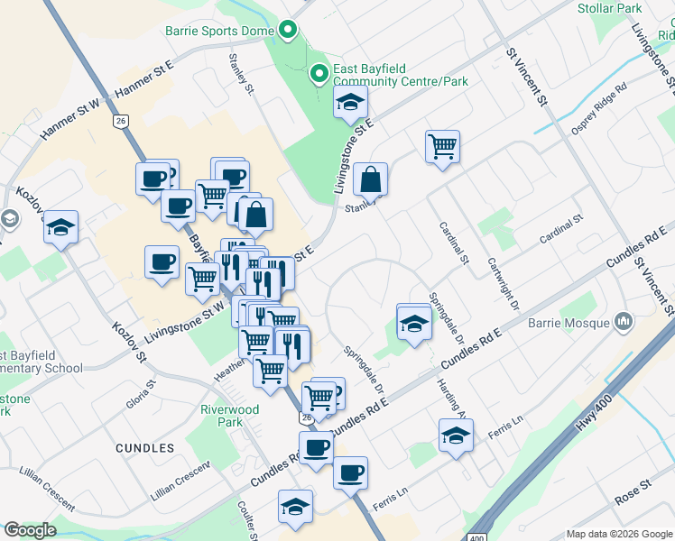 map of restaurants, bars, coffee shops, grocery stores, and more near 70 Springdale Drive in Barrie