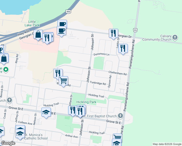 map of restaurants, bars, coffee shops, grocery stores, and more near 263 Johnson Street in Barrie