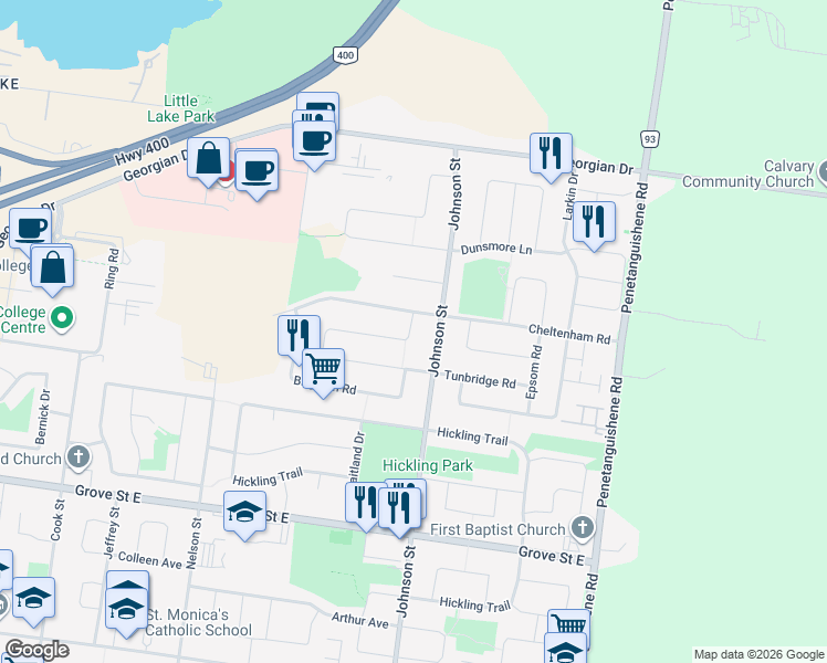 map of restaurants, bars, coffee shops, grocery stores, and more near in Barrie