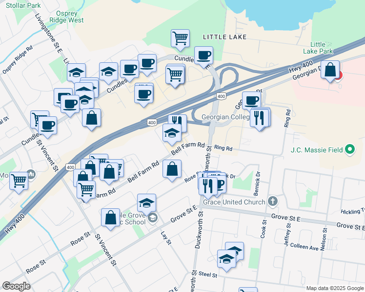 map of restaurants, bars, coffee shops, grocery stores, and more near 103 Bell Farm Road in Barrie