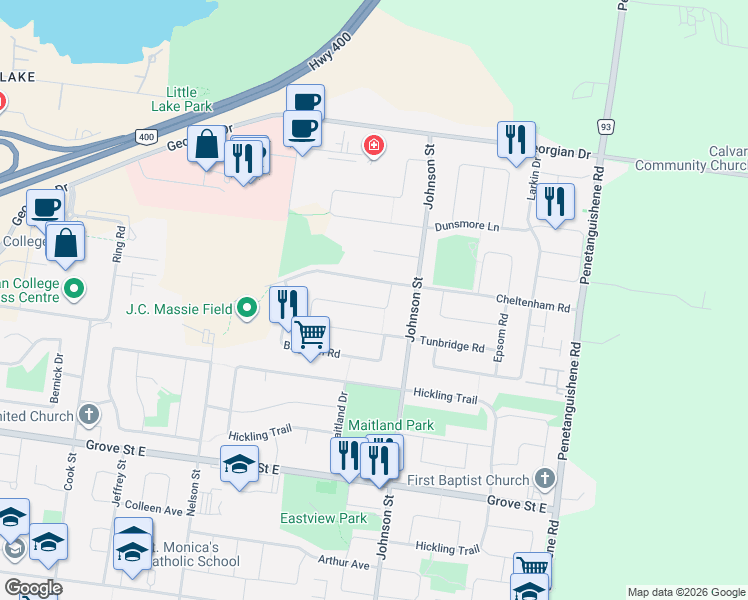 map of restaurants, bars, coffee shops, grocery stores, and more near 27 Tunbridge Road in Barrie