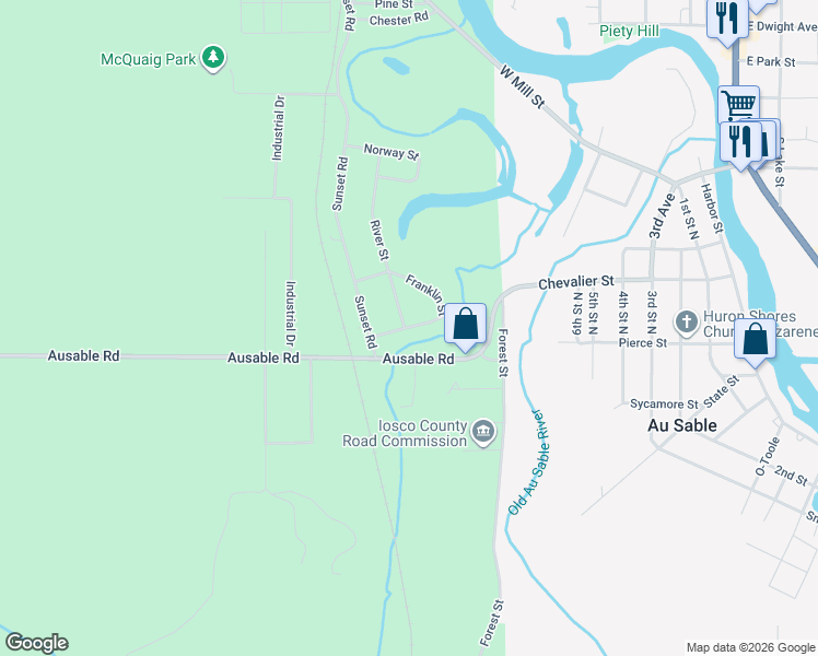 map of restaurants, bars, coffee shops, grocery stores, and more near 800-926 Ausable Road in Au Sable Charter Township