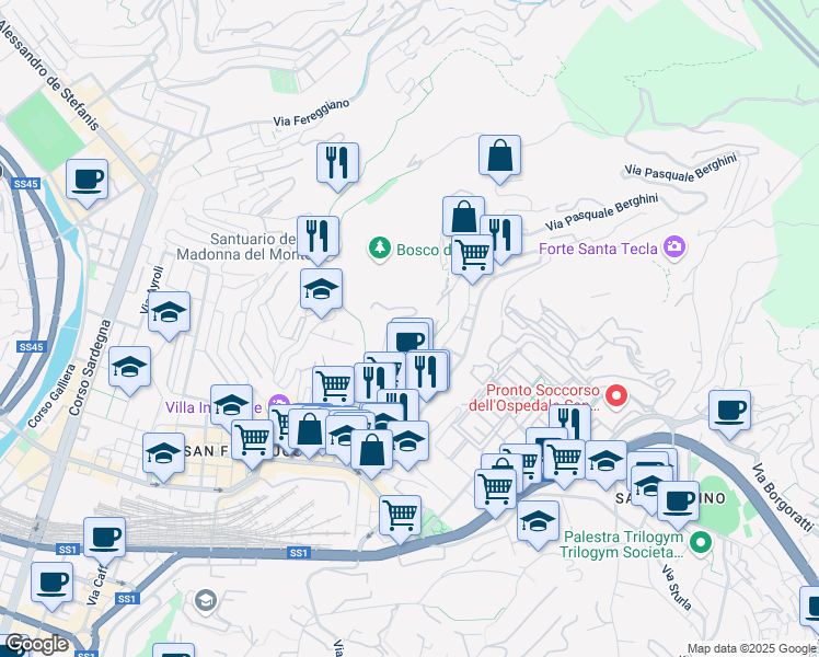 map of restaurants, bars, coffee shops, grocery stores, and more near Via Gian Battista Gaulli in Genova