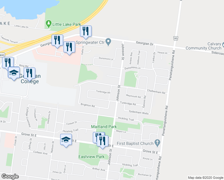 map of restaurants, bars, coffee shops, grocery stores, and more near 12 Tunbridge Road in Barrie