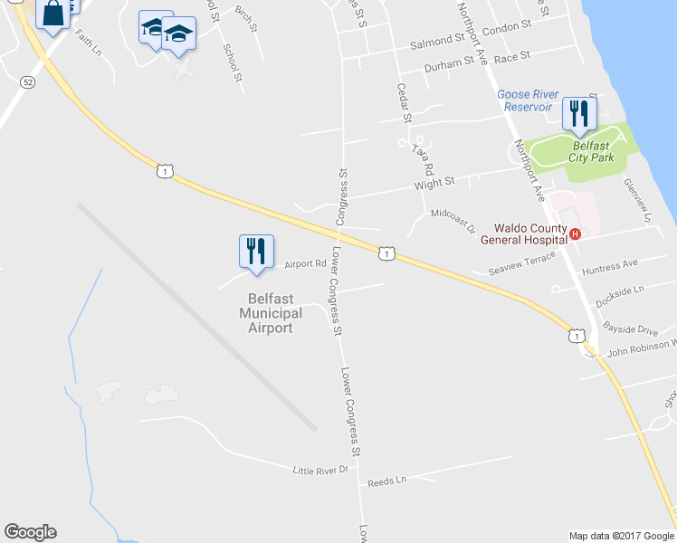 map of restaurants, bars, coffee shops, grocery stores, and more near 226 Lower Congress Street in Belfast