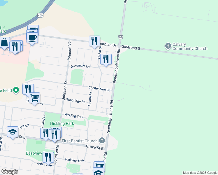 map of restaurants, bars, coffee shops, grocery stores, and more near 6 Cheltenham Road in Barrie
