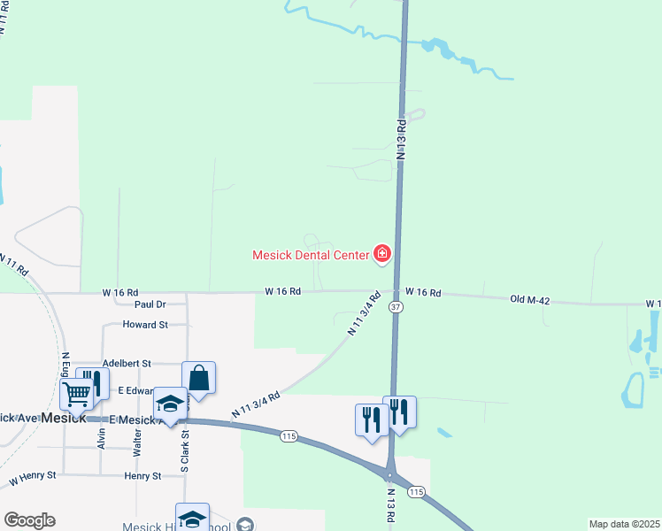 map of restaurants, bars, coffee shops, grocery stores, and more near 6142 West 16 Road in Mesick