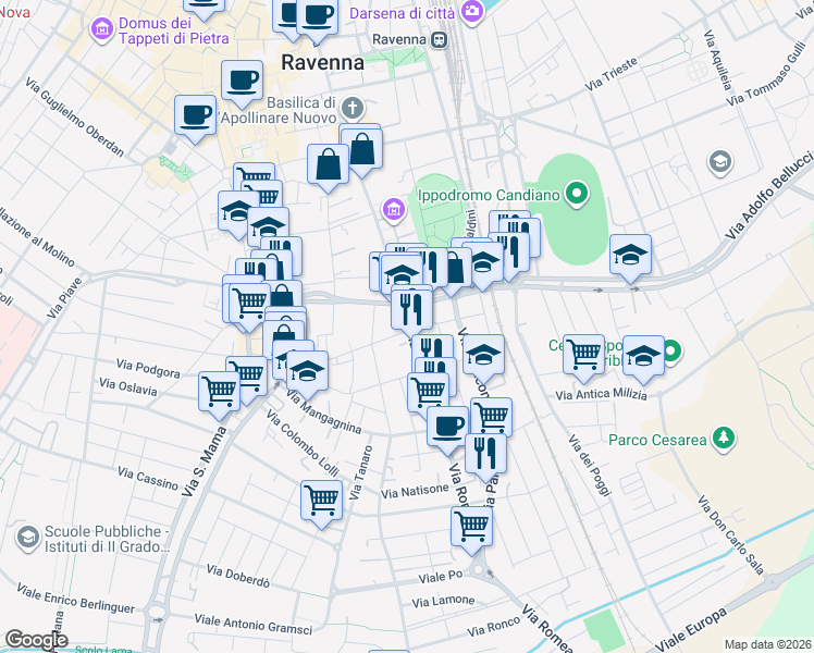 map of restaurants, bars, coffee shops, grocery stores, and more near 103 Via Cesarea in Ravenna