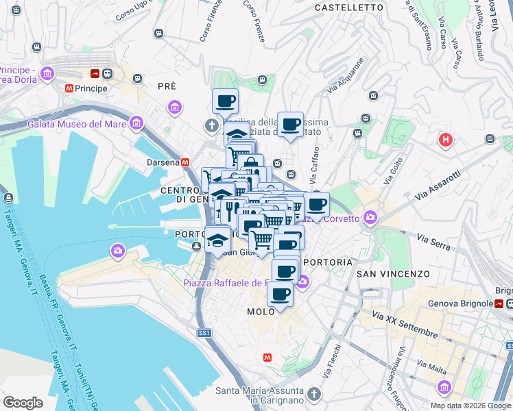map of restaurants, bars, coffee shops, grocery stores, and more near Via ai Quattro Canti di San Francesco in Genova