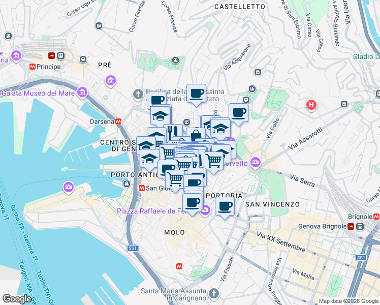 map of restaurants, bars, coffee shops, grocery stores, and more near 4R Vico Lepre in Genova