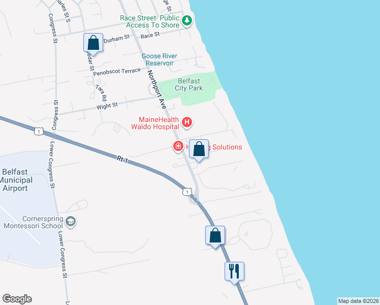 map of restaurants, bars, coffee shops, grocery stores, and more near 159 Northport Avenue in Belfast