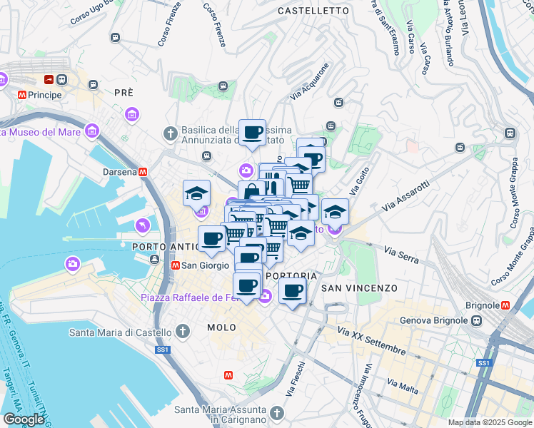 map of restaurants, bars, coffee shops, grocery stores, and more near 3 Via Garibaldi in Genova