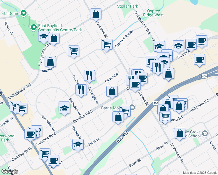 map of restaurants, bars, coffee shops, grocery stores, and more near 23 Bluejay Drive in Barrie
